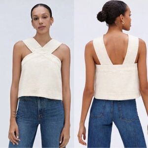 EVERLANE the cross front denim ivory apron top size M